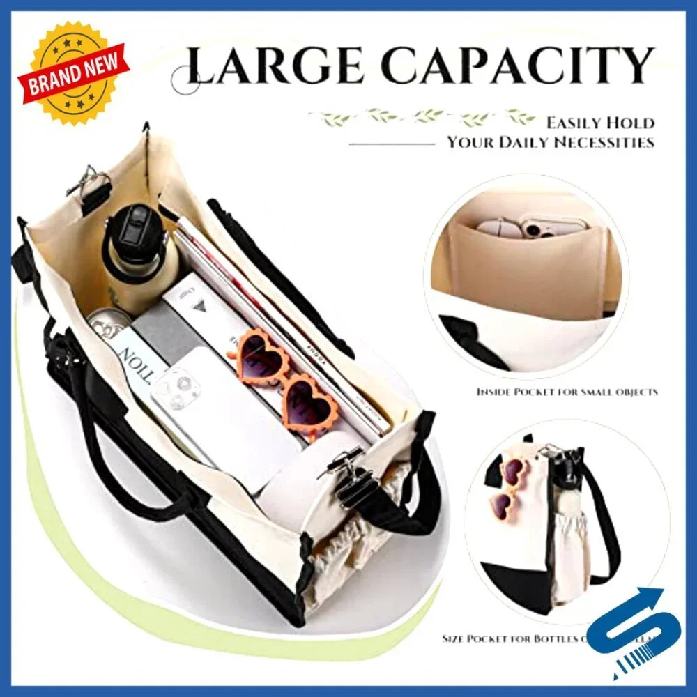 Canvas Tote Bags Set Zipper Closure Adjustable Strap Reusable Grocery Storage
